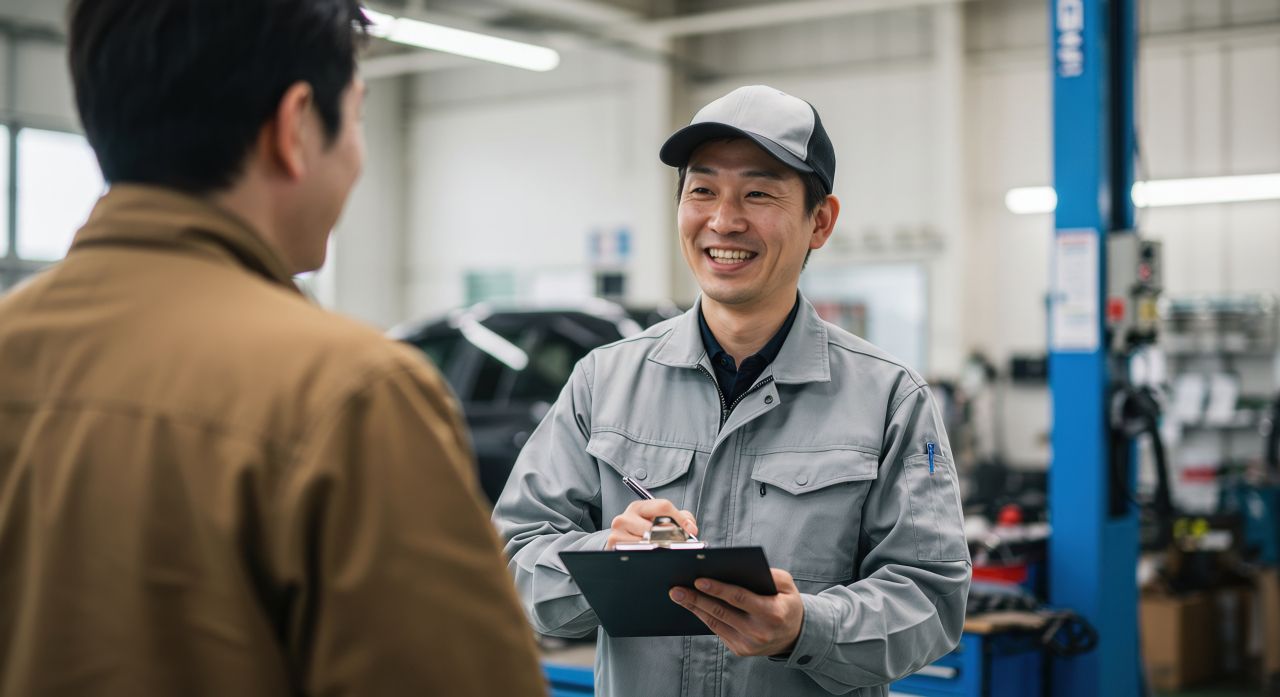 笑顔でお客様にヒアリングを行う作業服姿のスタッフ